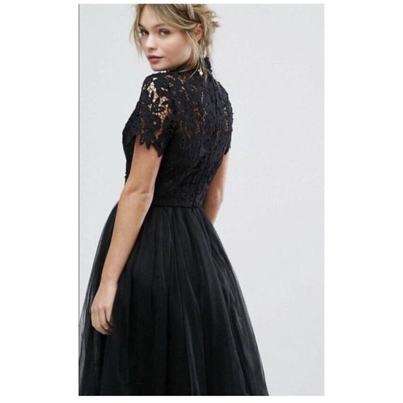 CHI CHI LONDON Black Lace Floral Tulle Netted MIDI Cocktail Formal Dress Gown 8 - Picture 3 of 15